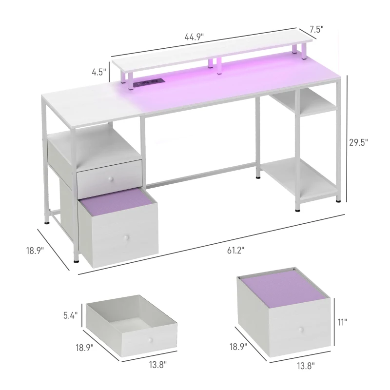 HOMCOM 61" Computer Table with LED Lights, PC Desk with Power Outlets, USB Ports, Storage, Wireless Remote, Distressed White