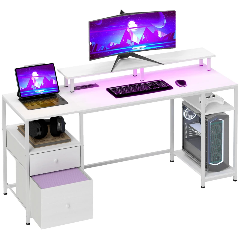 HOMCOM 61" Computer Table with LED Lights, PC Desk with Power Outlets, USB Ports, Storage, Wireless Remote, Distressed White
