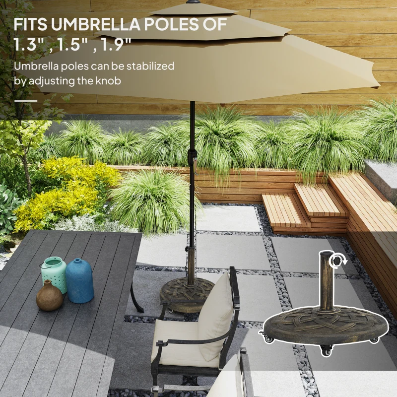 Outsunny Round Patio Umbrella Base with Wheels, 44 lbs Resin Umbrella Stand Base, Heavy Duty Patio Umbrella Holder for 1.3"/1.5"/1.9" Umbrella Poles for Outdoor, Lawn, Poolside, Bronze