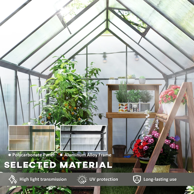 Outsunny 6' x 12' x 6.5' Polycarbonate Greenhouse, Walk-in Green House with Adjustable Roof Vent Galvanized Base Sliding Door Rain Gutter for Outdoor Garden Backyard, Charcoal Grey