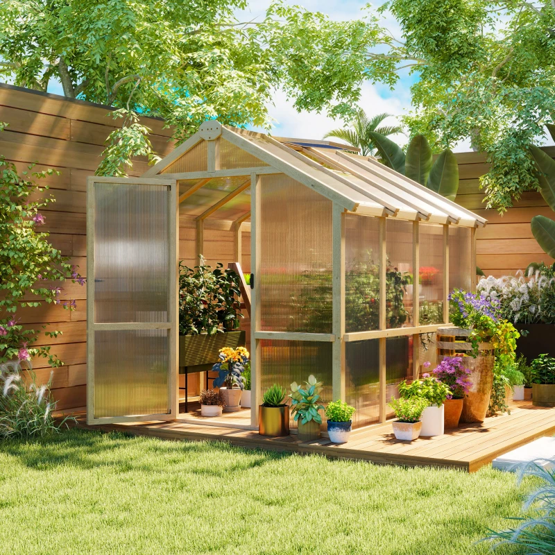 Outsunny 6.6 x 8 ft. Polycarbonate Greenhouse Wooden Walk-in Greenhouse Kit with Thickened Panels, Roof Vent, and Lockable Door