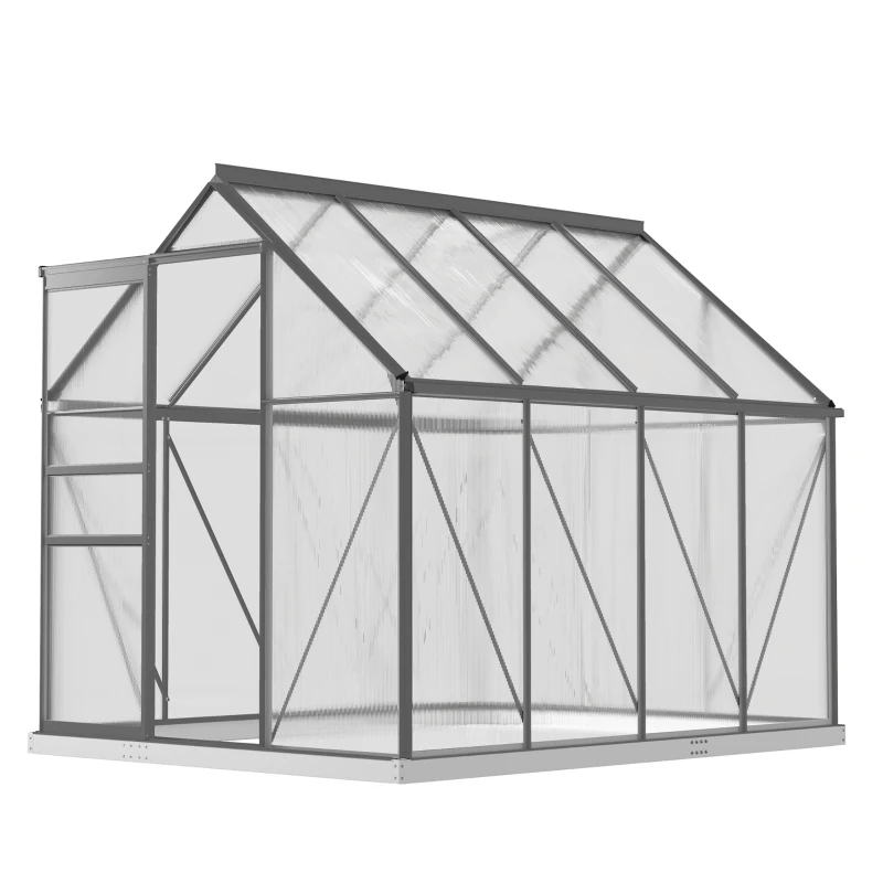 Outsunny 6' x 8' x 6.5' Polycarbonate Greenhouse, Walk-in Green House with Adjustable Roof Vent Galvanized Base Sliding Door Rain Gutter for Outdoor Garden Backyard, Charcoal Grey