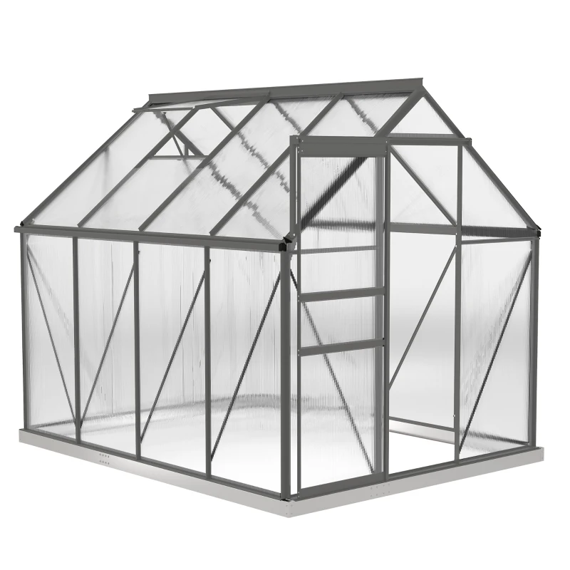 Outsunny 6' x 8' x 6.5' Polycarbonate Greenhouse, Walk-in Green House with Adjustable Roof Vent Galvanized Base Sliding Door Rain Gutter for Outdoor Garden Backyard, Charcoal Grey