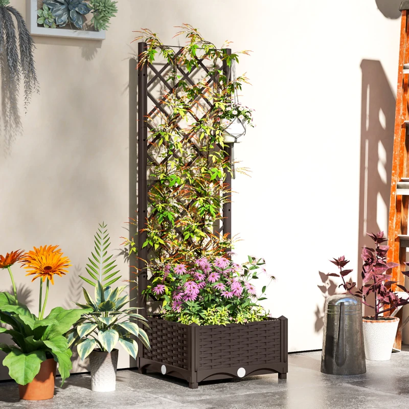 Outsunny Raised Garden Bed with Trellis, Plastic Raised Flower Bed with Drainage Holes and Drain Plugs, 16" x 16" x 48"