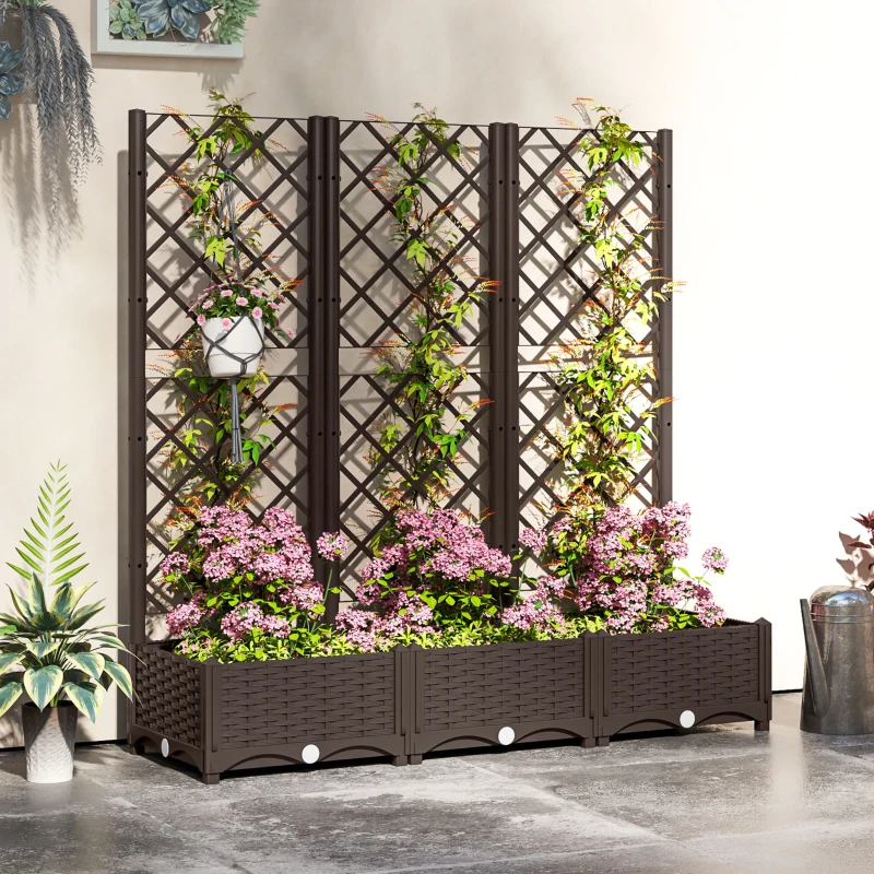 Outsunny Raised Garden Bed with Trellis, PE Rattan Flower Bed with Drainage Holes and Drain Plugs, 47" x 16" x 48"