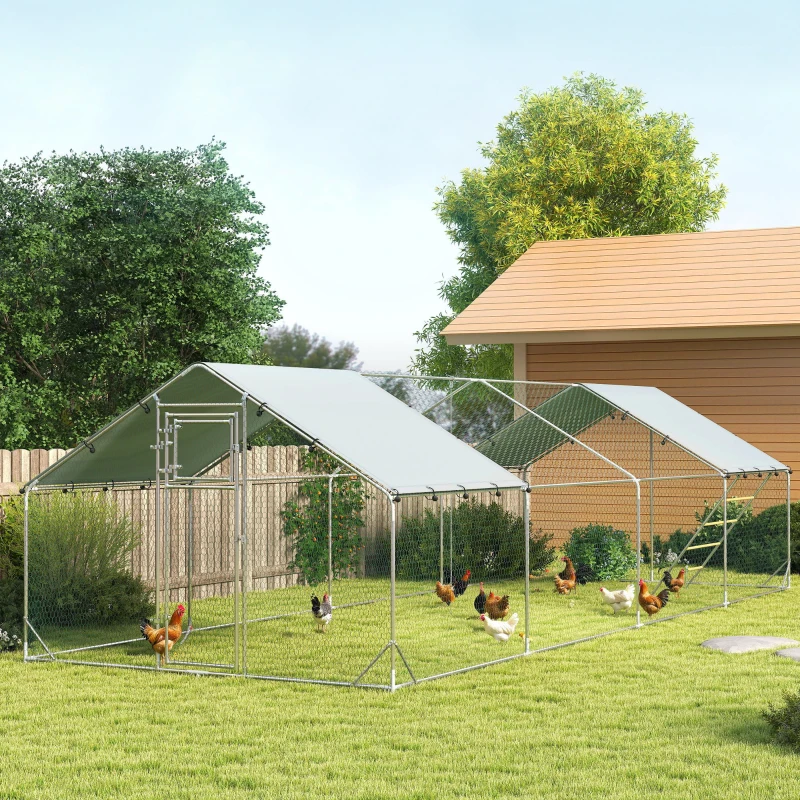 PawHut Metal Chicken Run w/ Waterproof & Anti-UV Cover, Feeding Door, Hanging Feeder, for 24-30 Chickens, 9.8' x 26.2' x 6.4'