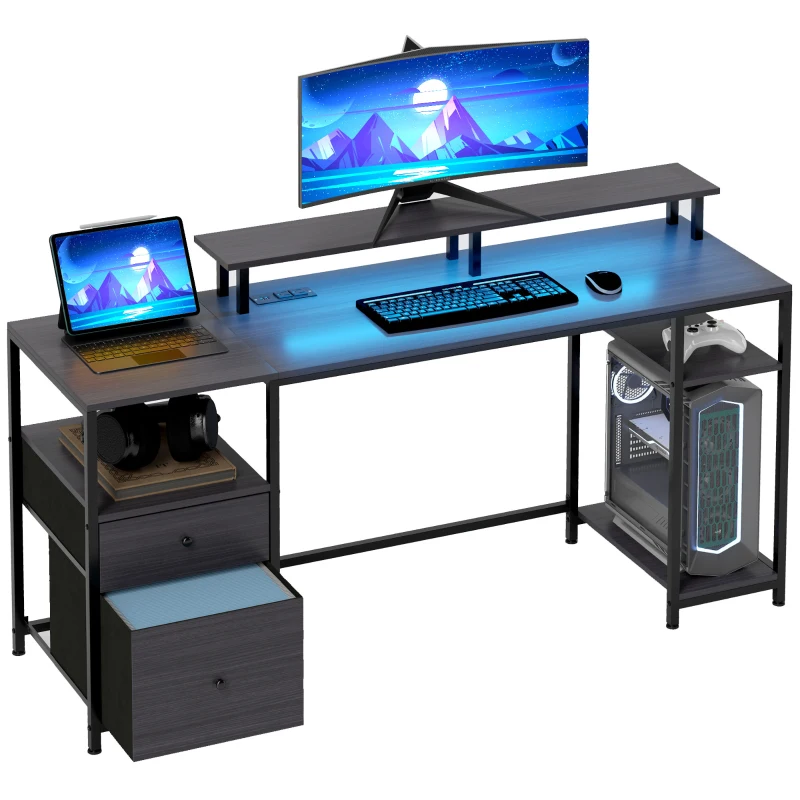 HOMCOM 61" Computer Table with LED Lights, PC Desk with Power Outlets, USB Ports, Storage, Wireless Remote, Distressed Black