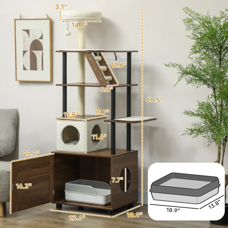 PawHut 68.5" Cat Tree with Litter Box Enclosure, 2 in 1 Cat Tower Hidden Litter Box Furniture with Scratching Posts, Brown