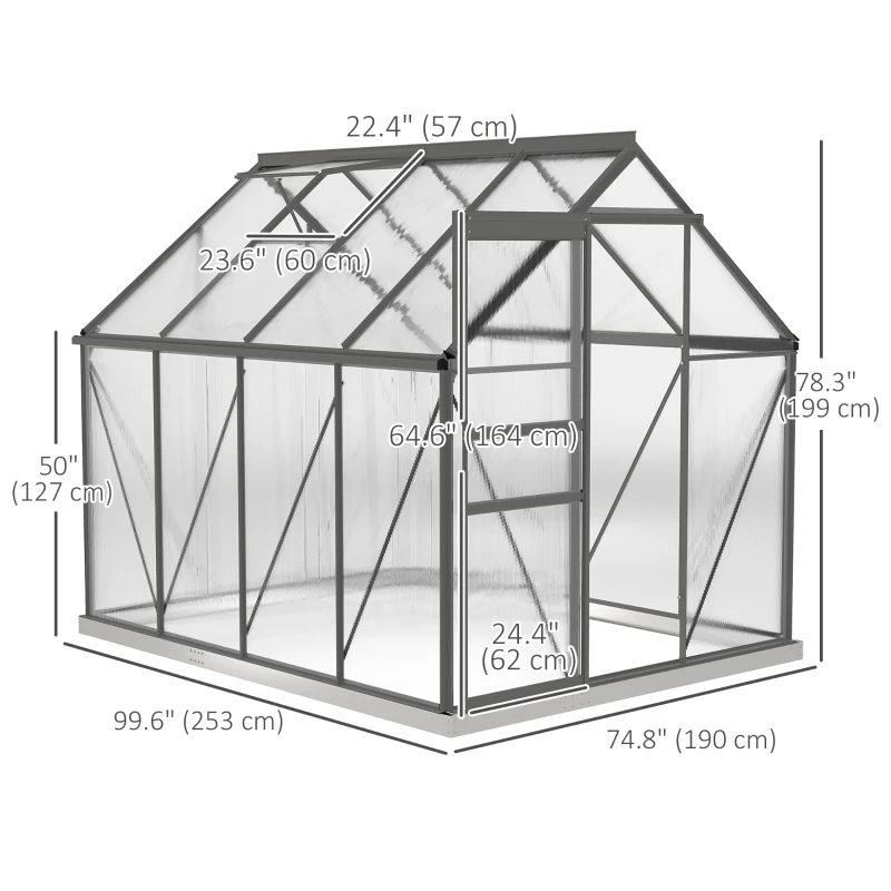 Outsunny 6' x 8' x 6.5' Polycarbonate Greenhouse, Walk-in Green House with Adjustable Roof Vent Galvanized Base Sliding Door Rain Gutter for Outdoor Garden Backyard, Charcoal Grey