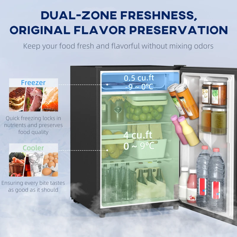 HOMCOM 4.5 Cu.Ft Mini Fridge, Single Door Refrigerator with Freezer, Wheels, Adjustable Thermostat, Reversible Door, Black