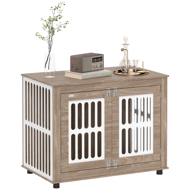 PawHut 39" Dog Crate Furniture with 2 Doors, Adjustable Non-slip Foot Mats, for Large Dogs, Walnut Brown