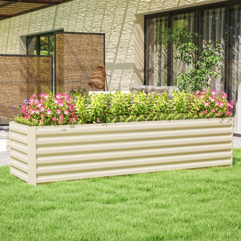 Outsunny 8x2x2ft Galvanized Raised Garden Bed Kit with Safety Edging for Flowers, Herbs and Vegetables, Cream White