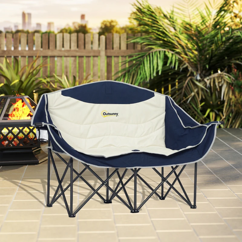 Outsunny Portable Camp Chair, Double Camping Chair with Cup Holders and Carry Bag, Support 551 lbs, Navy Blue