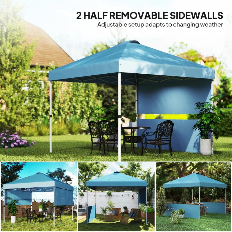 Outsunny 10' x 10' Pop Up Canopy Tent with 2 Half Sidewalls, UV50+ Instant Sun Shelter with Wheeled Carry Bag, Sea Blue
