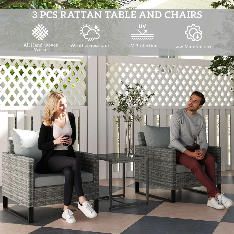 Outsunny 3PCS Patio Set, Wicker Bistro Set with Cushions, Rattan Chairs, Glass Coffee Table for Backyard, Porch, Balcony, Gray