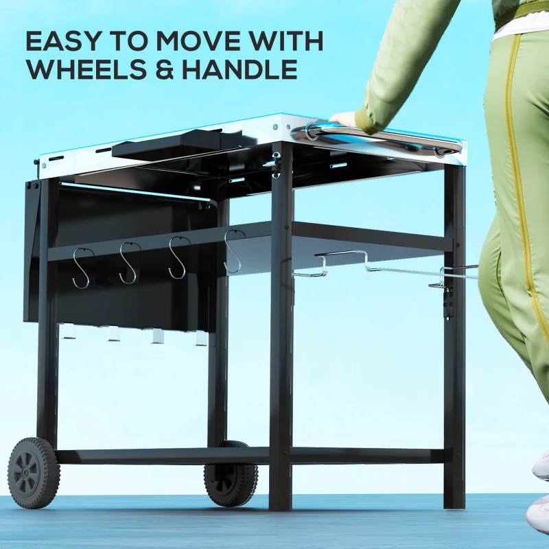 Outsunny Outdoor Bar Cart Grill Table with Stainless Steel Tabletop, Wheeled Outdoor Serving Cart Prep Table with Storage, Hooks