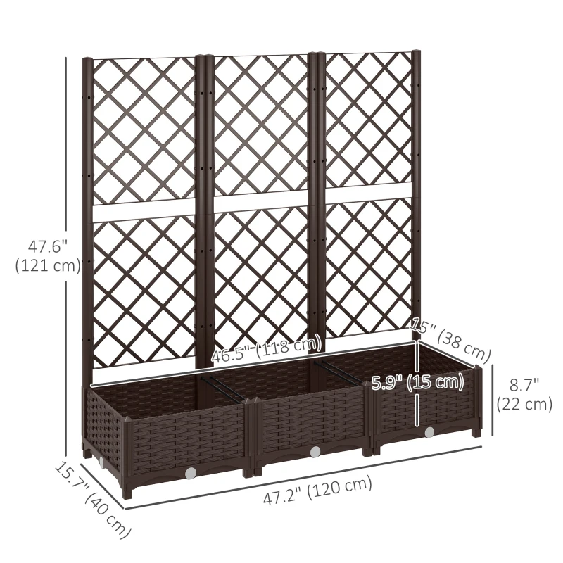 Outsunny Raised Garden Bed with Trellis, PE Rattan Flower Bed with Drainage Holes and Drain Plugs, 47" x 16" x 48"