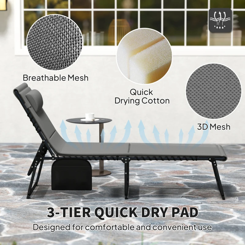 Outsunny Folding Chaise Lounge Chair Set of 2, Reclining Outdoor Lounge Chair Set with Quick Drying Pad Headrest Side Pocket, Tanning Chair Set for Beach Garden Pool, Light Grey
