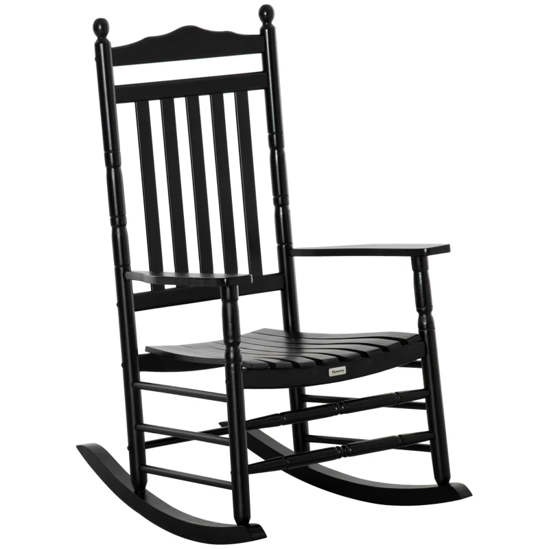 Outsunny Wooden Outdoor Rocking Chair, Patio Rocking Chair with Slatted High Back and Armrests for Porch, Garden, Lawn, Black