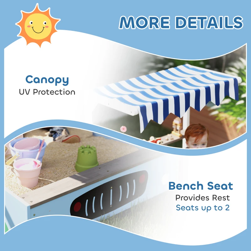 Qaba Kids Wooden Sandbox with Canopy with Bench Seats, Bottom Liner, Drawing Board, Planting Boxes for Backyard, Garden, Blue