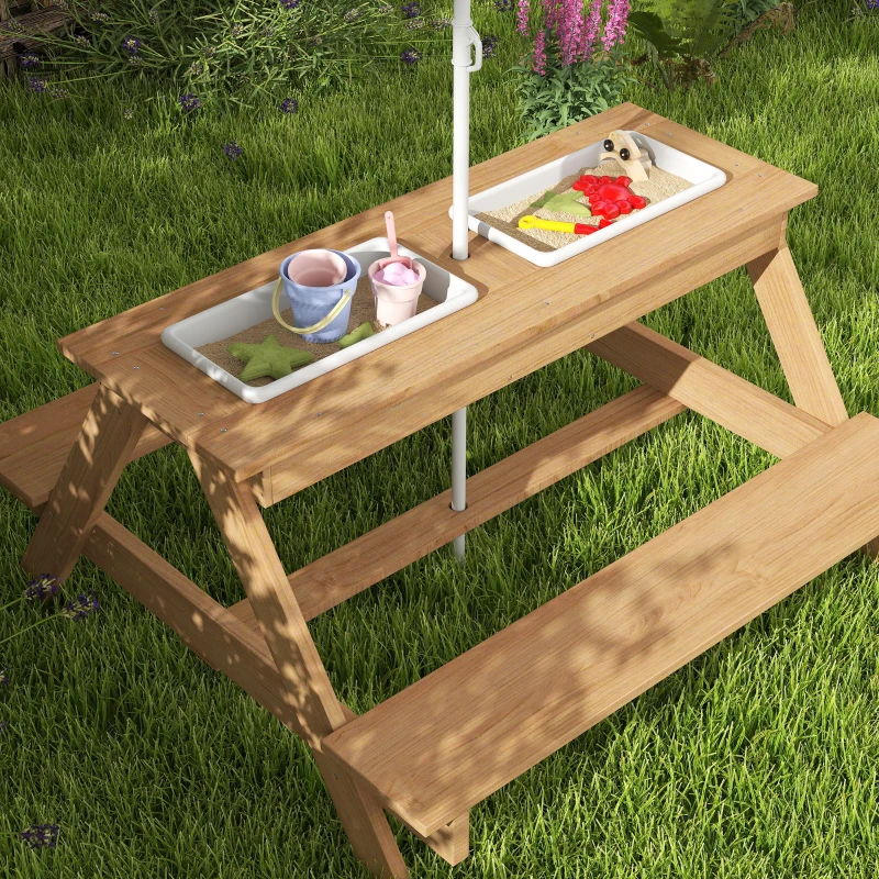 Qaba Wooden Outdoor Kids Picnic Table with Removable Umbrella, Children Sand and Water Activity Table for Patio, Mixed Color