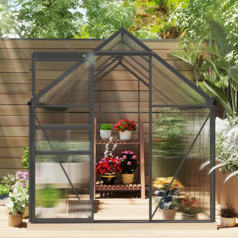 Outsunny 6' x 8' x 6.5' Polycarbonate Greenhouse, Walk-in Green House with Adjustable Roof Vent Galvanized Base Sliding Door Rain Gutter for Outdoor Garden Backyard, Charcoal Grey
