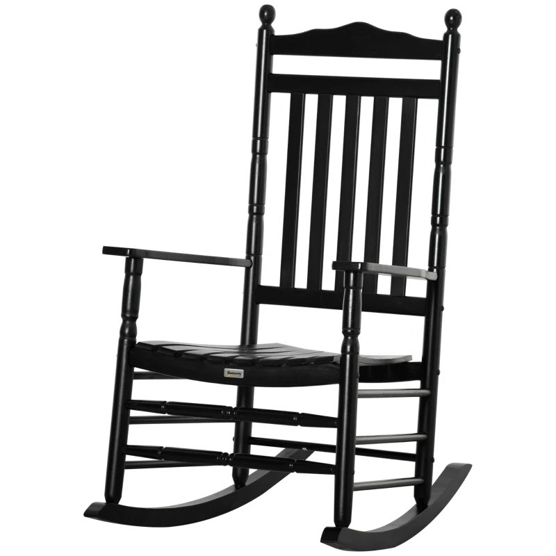 Outsunny Wooden Outdoor Rocking Chair, Patio Rocking Chair with Slatted High Back and Armrests for Porch, Garden, Lawn, Black