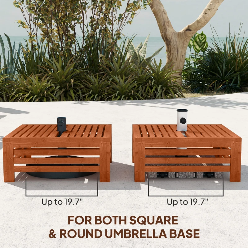 Outsunny 2-in-1 Outdoor Storage Box for Umbrella Base, Coffee End Table, Wooden Patio Umbrella Stand Table, Brown