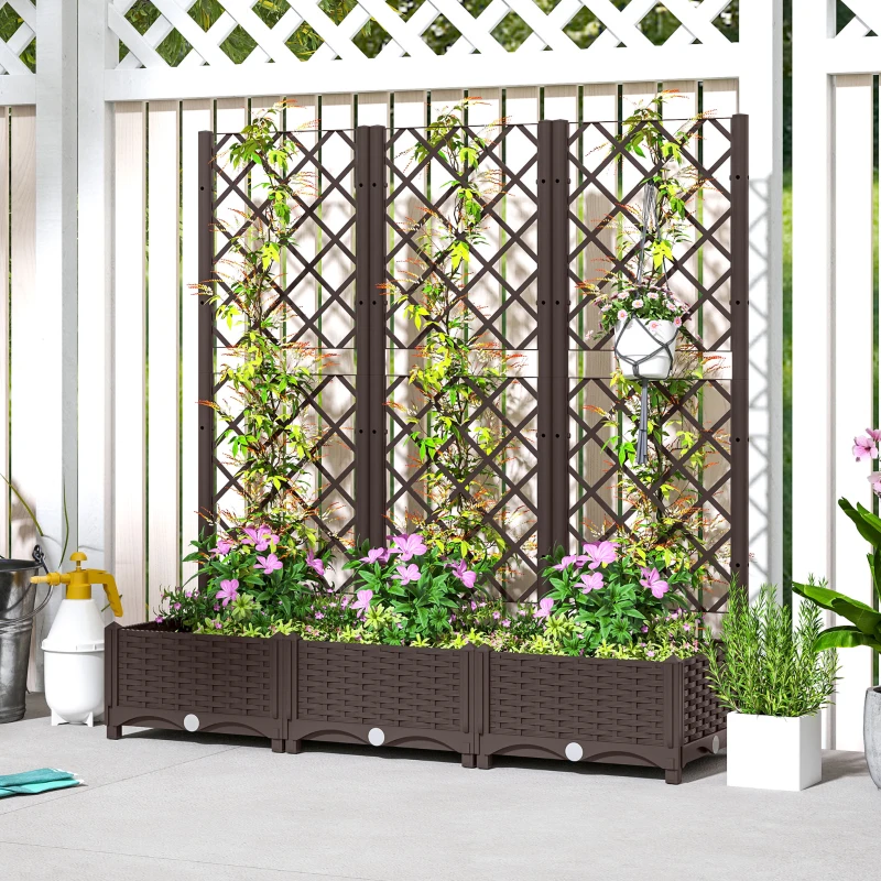 Outsunny Raised Garden Bed with Trellis, PE Rattan Flower Bed with Drainage Holes and Drain Plugs, 47" x 16" x 48"