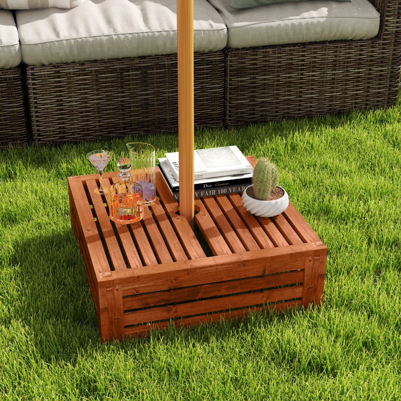 Outsunny 2-in-1 Outdoor Storage Box for Umbrella Base, Coffee End Table, Wooden Patio Umbrella Stand Table, Brown