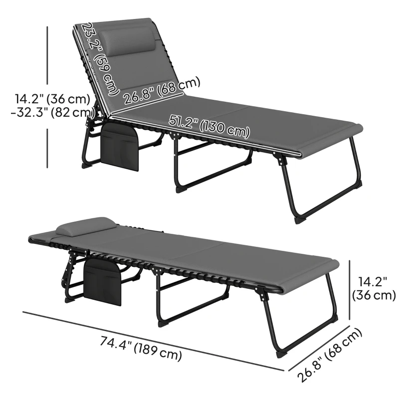 Outsunny Folding Chaise Lounge Chair Set of 2, Reclining Outdoor Lounge Chair Set with Quick Drying Pad Headrest Side Pocket, Tanning Chair Set for Beach Garden Pool, Light Grey
