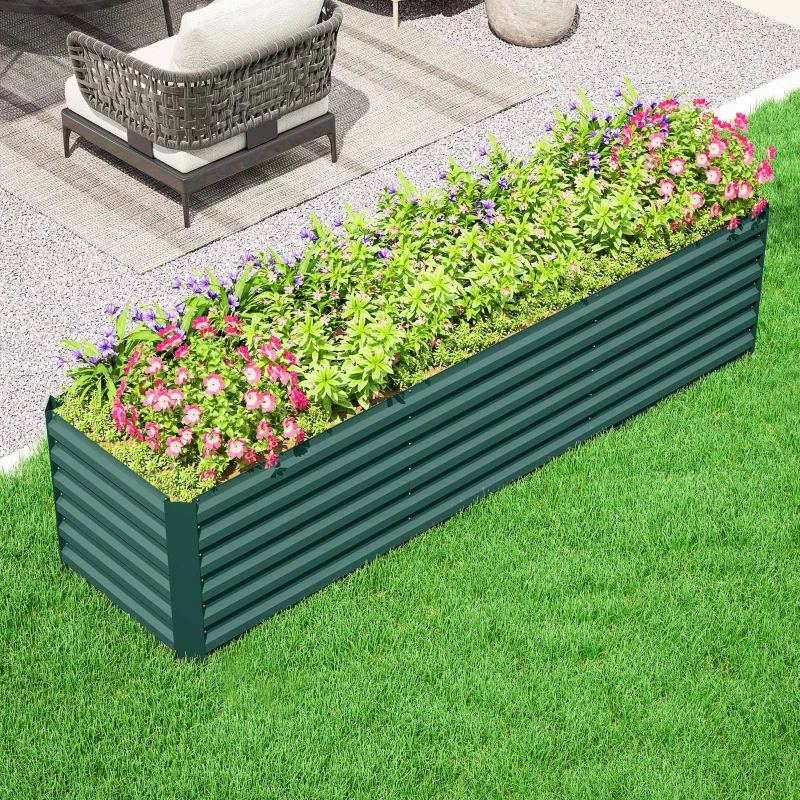 Outsunny 8x2x2ft Galvanized Raised Garden Bed Kit with Safety Edging for Flowers, Herbs and Vegetables, Green