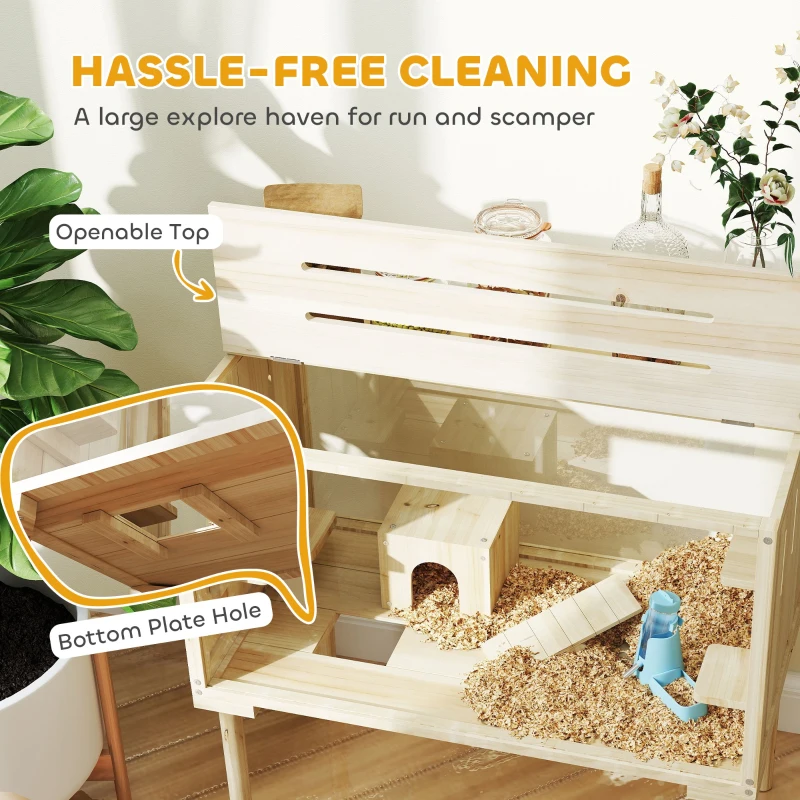 PawHut 28"L Wooden Hamster Cage with Seesaw, Water Bottle, Food Dish, Hut, Transparent Panel for Easy Observe, Nature Wood