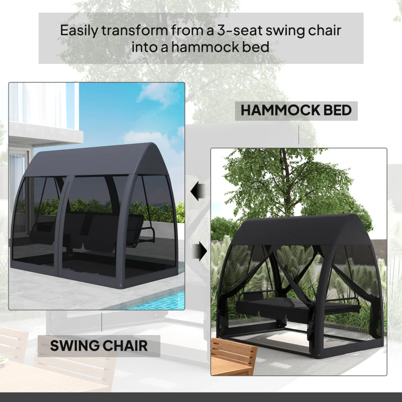 Outsunny 3 Seat Outdoor Swing Chair Convertible Covered Day Bed with Canopy, Mesh Netting, Steel Stand for Garden, Patio, Gray