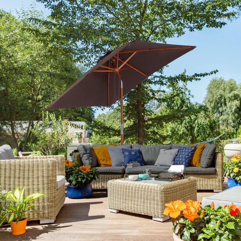 Outsunny 6.6x5ft Square Market Parasol, Wooden Patio Umbrella with Tilt Mechanism and 6 Bamboo Ribs, Garden Sunshade, Coffee