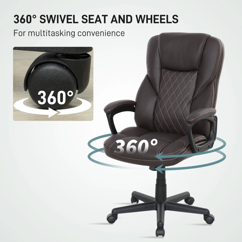 HOMCOM High Back Ergonomic Office Chair, PU Leather Executive Desk Chair with Adjustable Height and Swivel Wheels, Brown