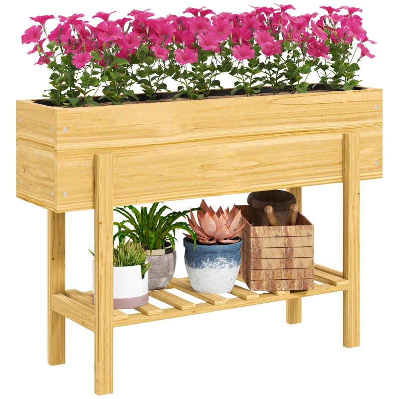 Outsunny Raised Garden Bed with Legs, Elevated Box Planter with Storage Shelf, Bed Liner for Backyard Patio, Natural Wood