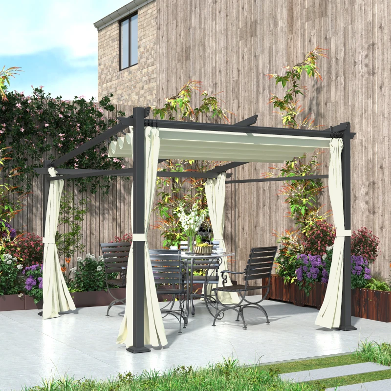 Outsunny Metal Pergola with Sliding Roof Canopy, Retractable Pergola Canopy, 10' x 10', Beige