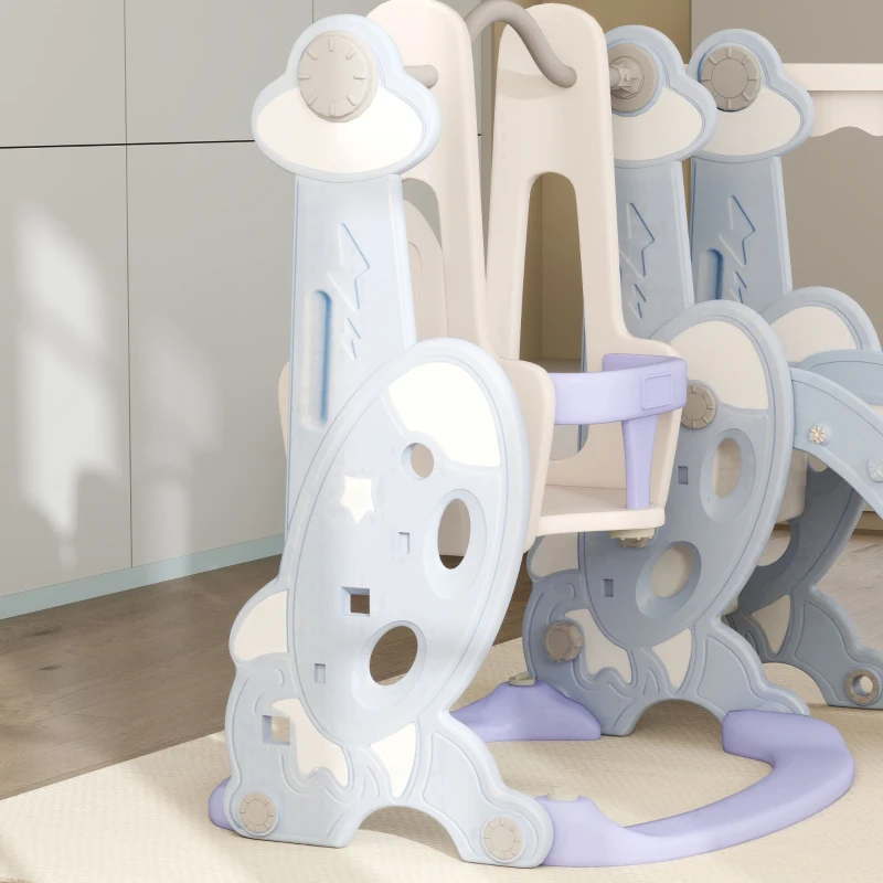 Qaba 4 in 1 Toddler Slide and Swing Set for Ages 1.5-4, Toddler Playset Playground with Climber, Basketball Hoop, Light Blue