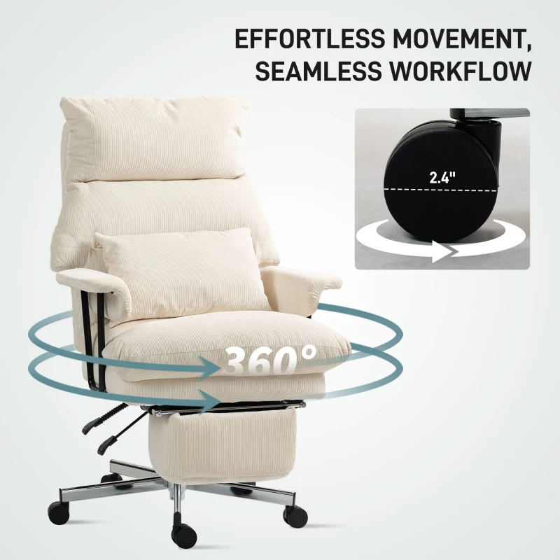 HOMCOM Executive Office Chair with Lumbar Support, Footrest, High Back Reclining Overstuffed Desk Chair with, Cream White