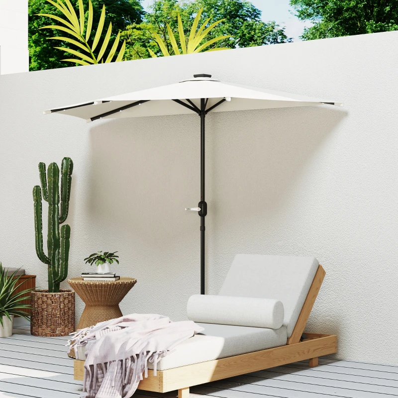 Outsunny Half Outdoor Patio Umbrella, UPF 30+ Small Vented Half Patio Umbrella with Crank 8 Ribs for Balcony Porch Garden Deck Poolside, Cream White