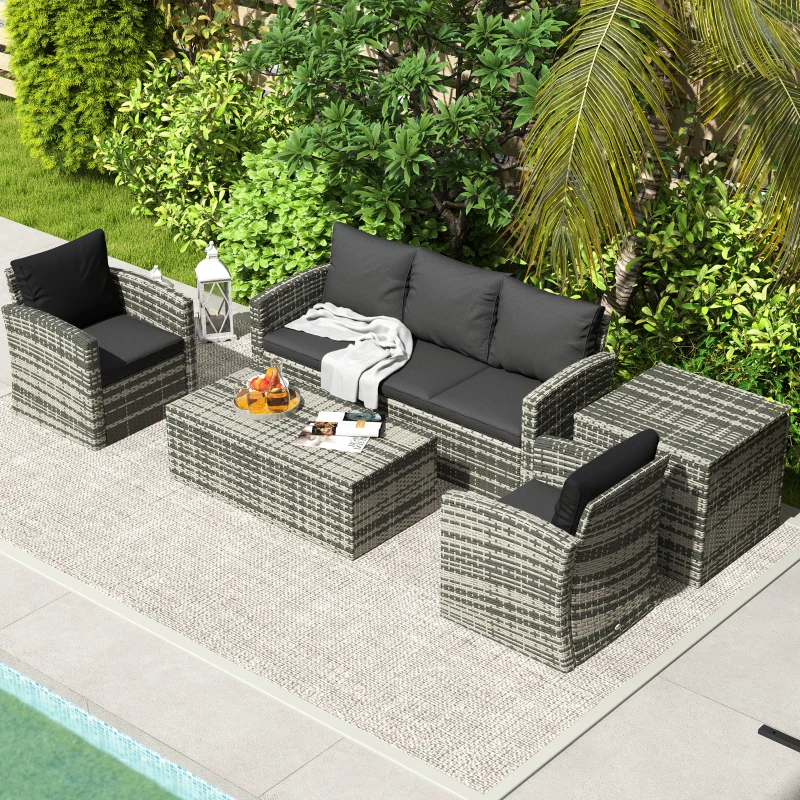 Outsunny 6 Pieces Wicker Patio Furniture Set with Cushions, 7-Seater Rattan Patio Sofa Set with Storage Coffee Table & Side Table, Sectional Outdoor Furniture Set, Black