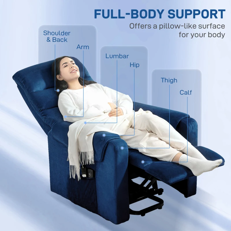 HOMCOM Lift Chair for Elderly, Massage Recliner Chair with 8 Vibration Points, Footrest, Remote Control, Side Pockets Dark Blue