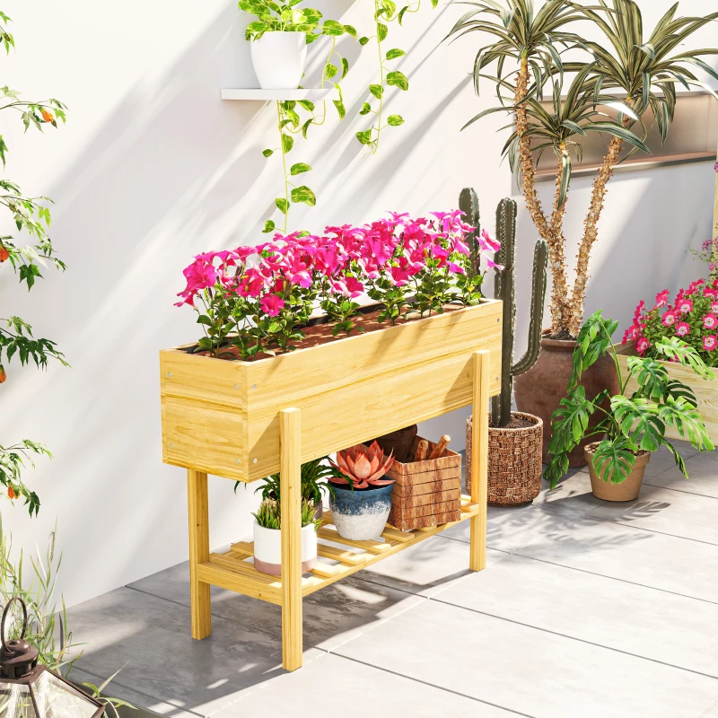 Outsunny Raised Garden Bed with Legs, Elevated Box Planter with Storage Shelf, Bed Liner for Backyard Patio, Natural Wood