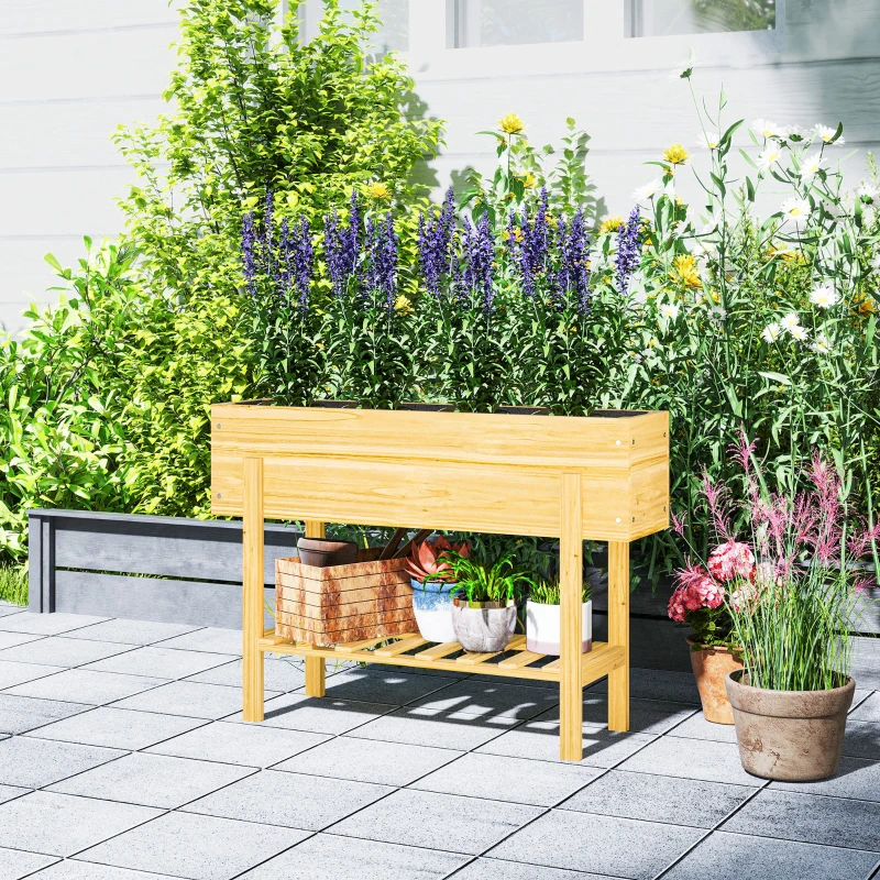 Outsunny Raised Garden Bed with Legs, Elevated Box Planter with Storage Shelf, Bed Liner for Backyard Patio, Natural Wood