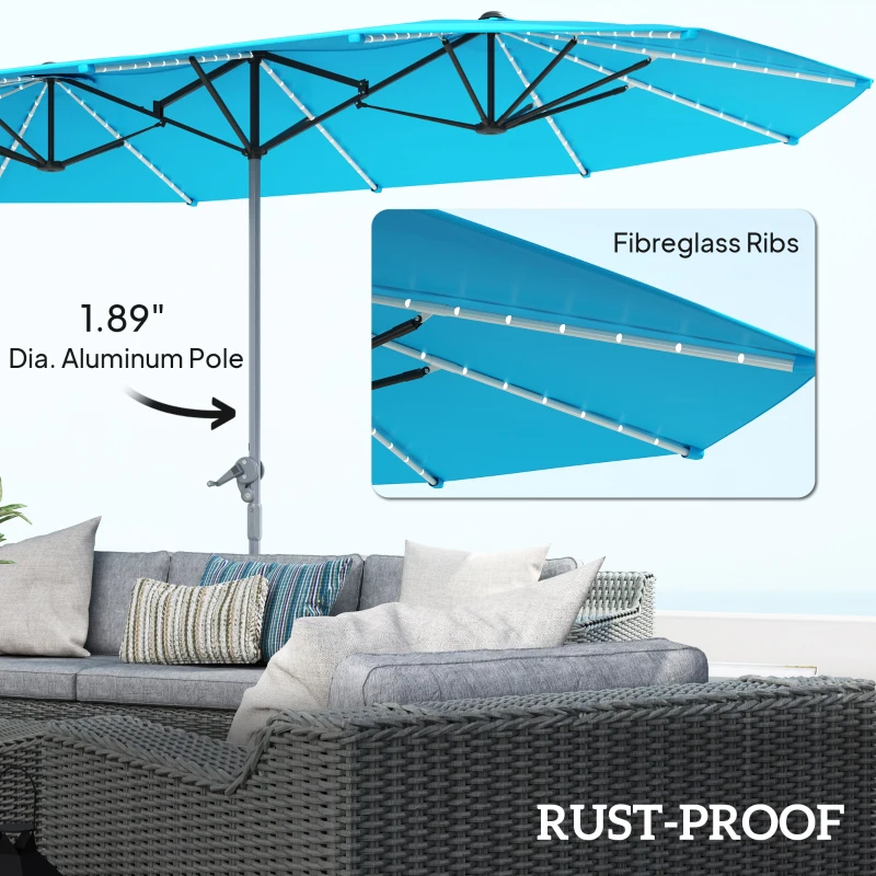 Outsunny 15ft Double-Sided Outdoor Umbrella with Solar Lights, UPF50+ Extra Large Aluminum Patio Umbrella with Crank, Blue