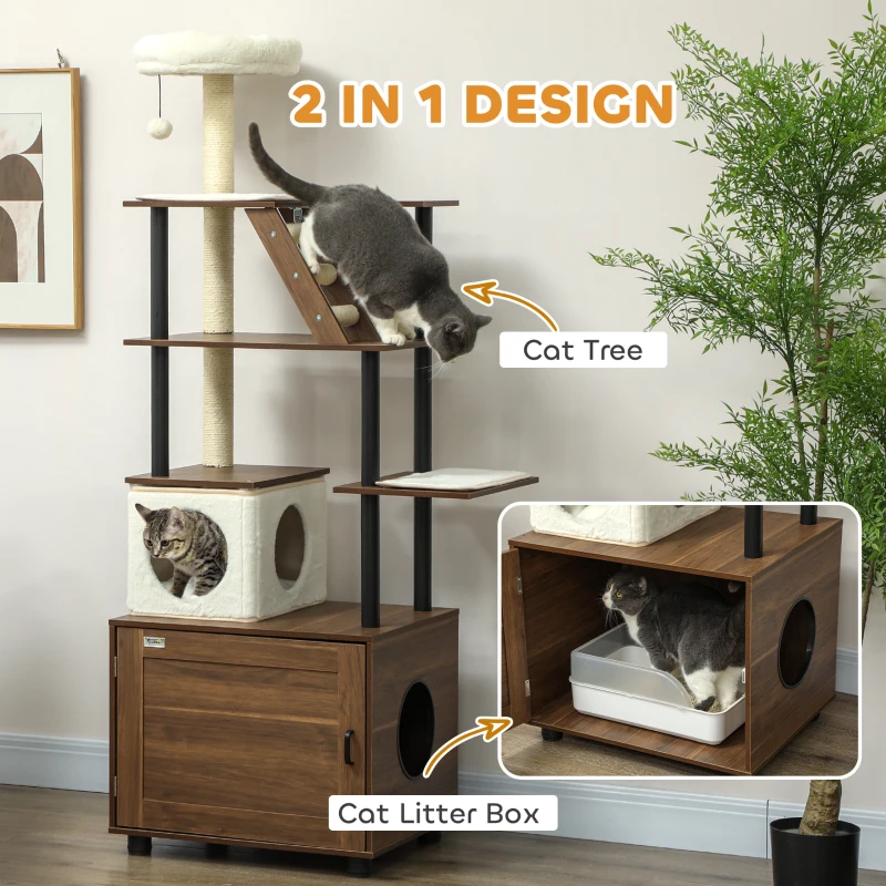 PawHut 68.5" Cat Tree with Litter Box Enclosure, 2 in 1 Cat Tower Hidden Litter Box Furniture with Scratching Posts, Brown