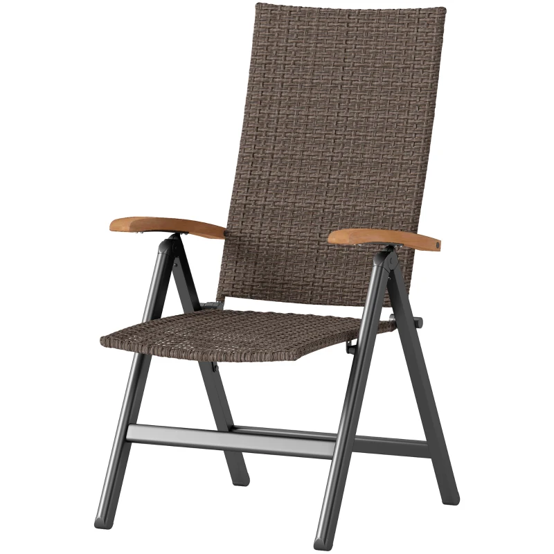 Outsunny Folding Wicker Patio Dining Chair with 5-level Reclining Back, Wooden Armrests for Outdoor, Garden, Backyard, Brown
