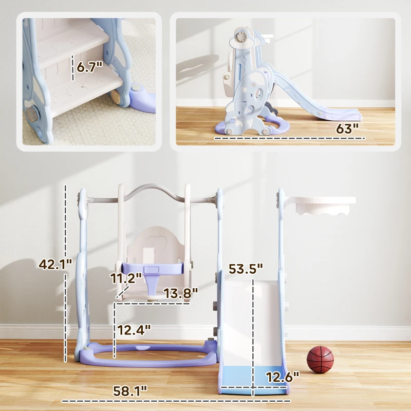 Qaba 4 in 1 Toddler Slide and Swing Set for Ages 1.5-4, Toddler Playset Playground with Climber, Basketball Hoop, Light Blue