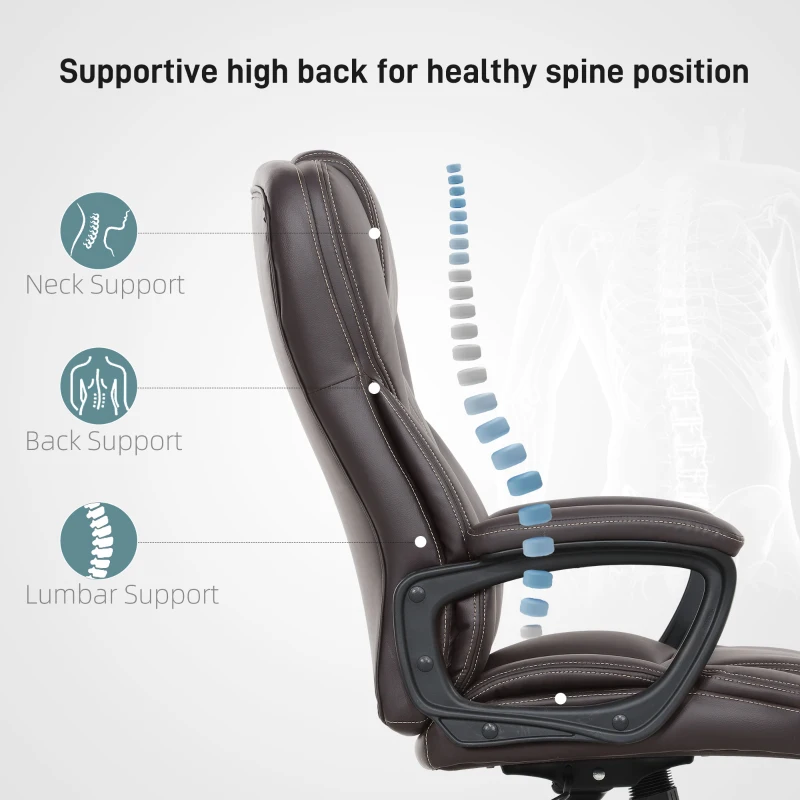 HOMCOM High Back Ergonomic Office Chair, PU Leather Executive Desk Chair with Adjustable Height and Swivel Wheels, Brown